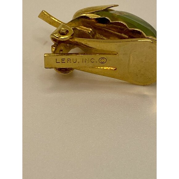 Vintage Leru Green Cabochon Gold-Tone Clip-On Earrings J0260 - Picture 9 of 11